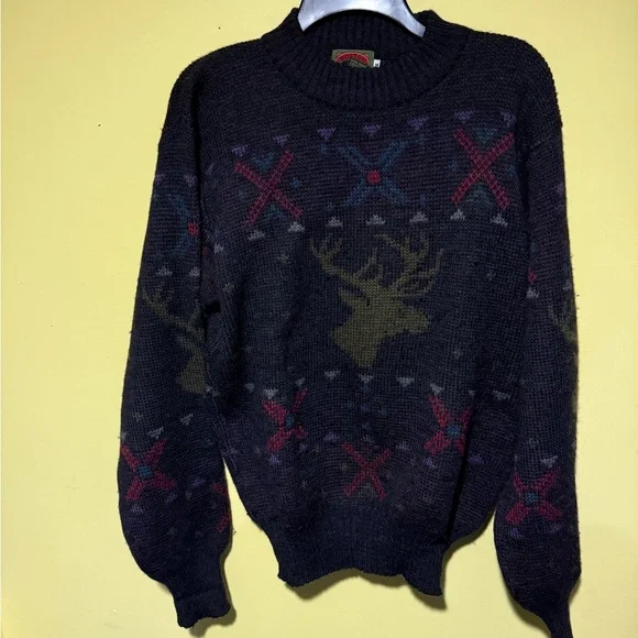 Vintage Boston Traders Deer Grandpa Sweater M Pure Wool Rare Nature VTG - Picture 1 of 6